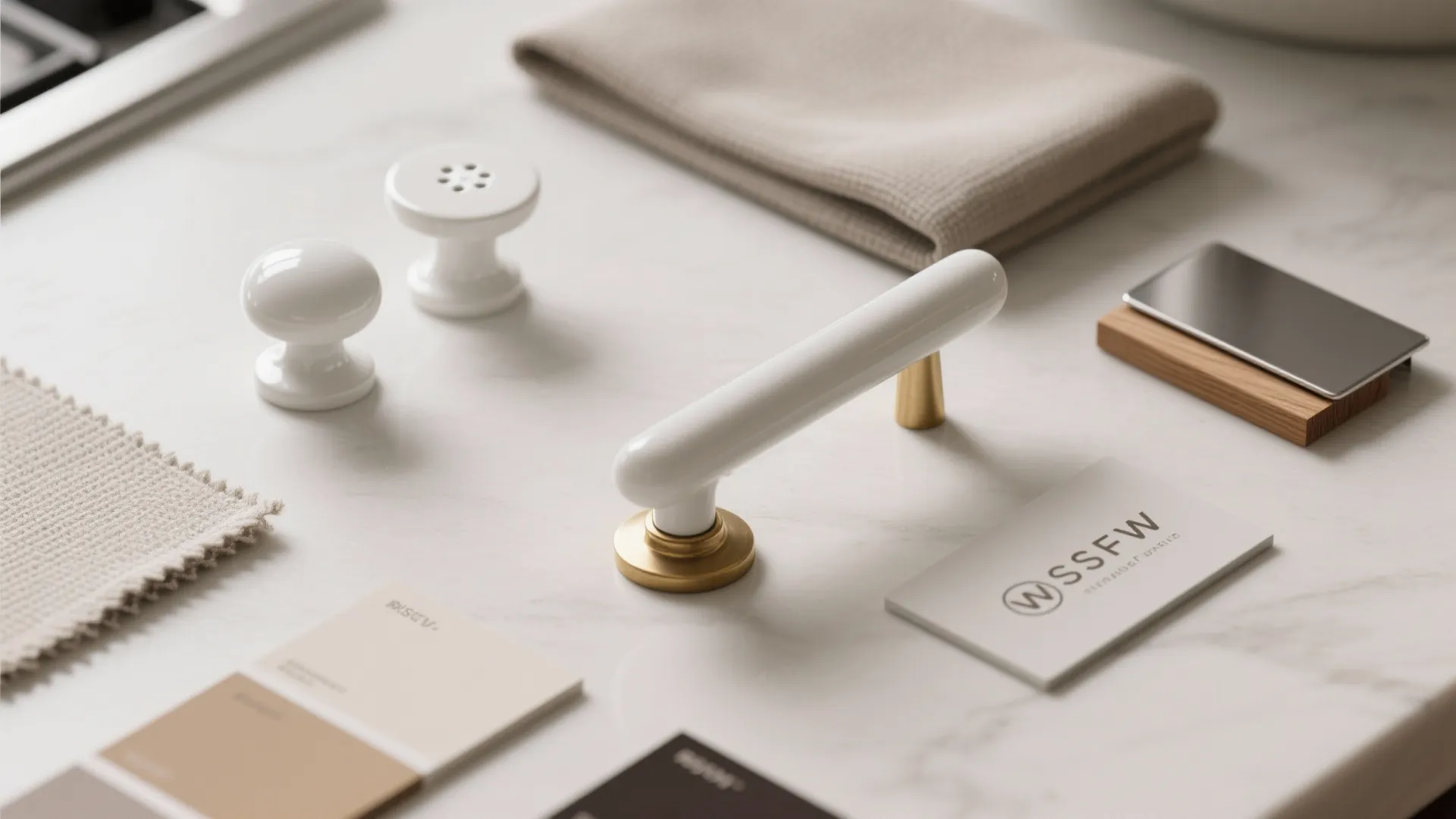 Top-down flatlay of white pull samples, wood trim, and color chips for coordinating finishes.