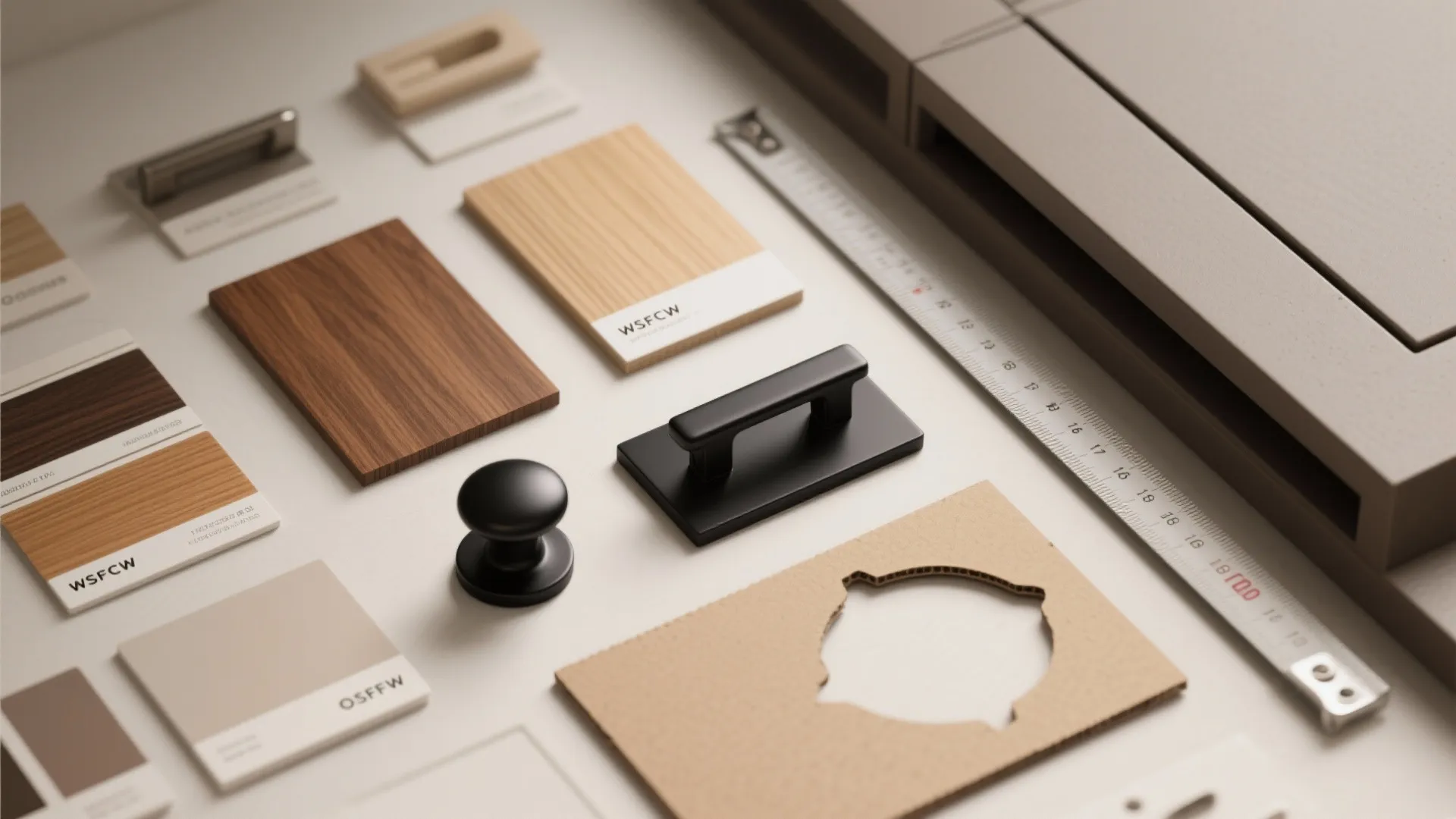 Interior design materials including wood samples black cabinet handles color swatches and a measuring tape