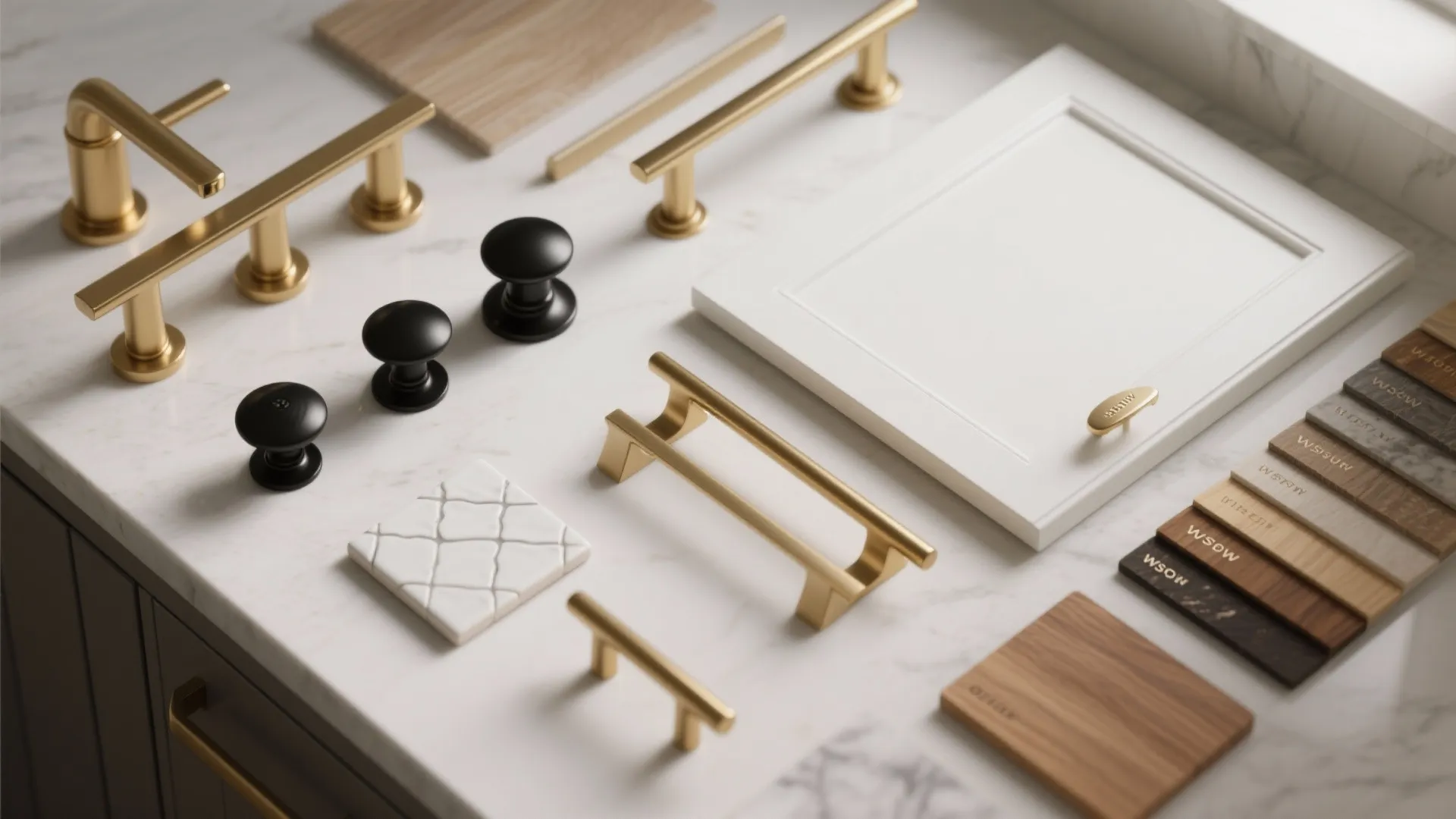 Flatlay of brass pulls, black knobs, cabinet and countertop samples for kitchen planning.