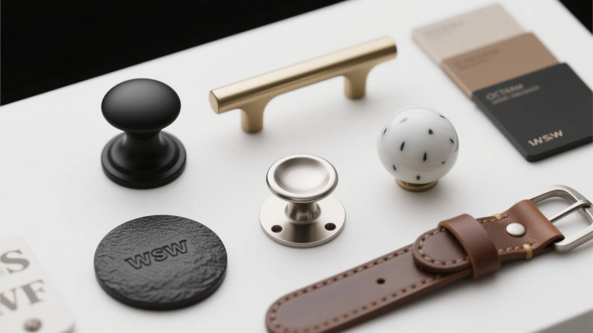Collection of various cabinet knobs and handles in black silver gold and white ceramic styles