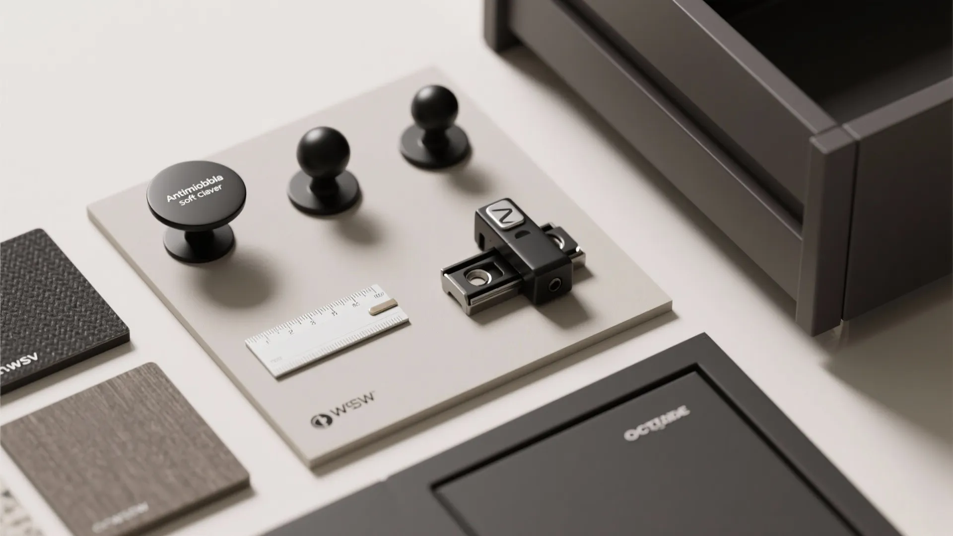 5. Functional upgrades: black knobs with soft-close and antimicrobial options