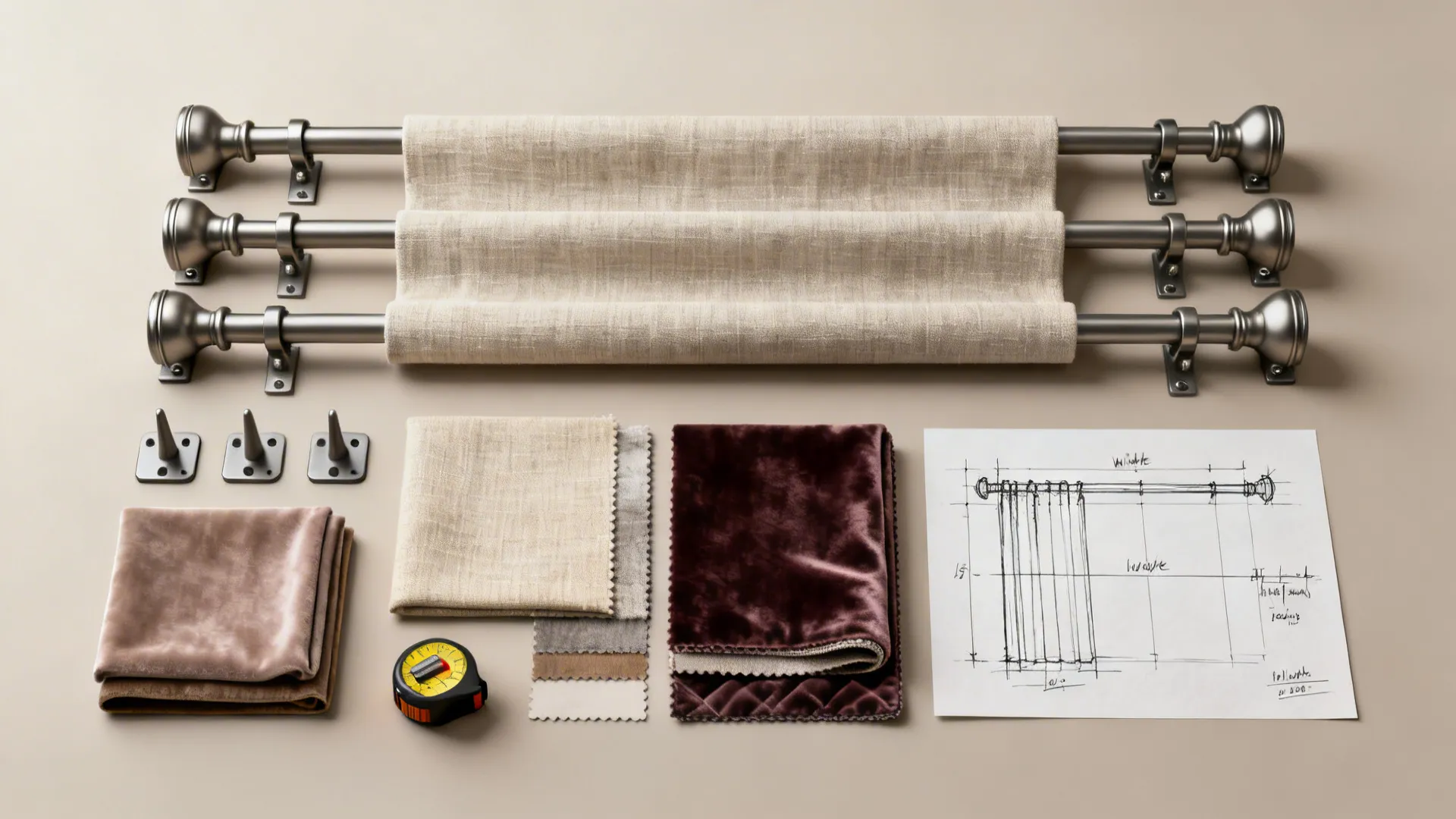 Flatlay of double-rod brackets, anchors and fabric swatches with measuring tape for planning.