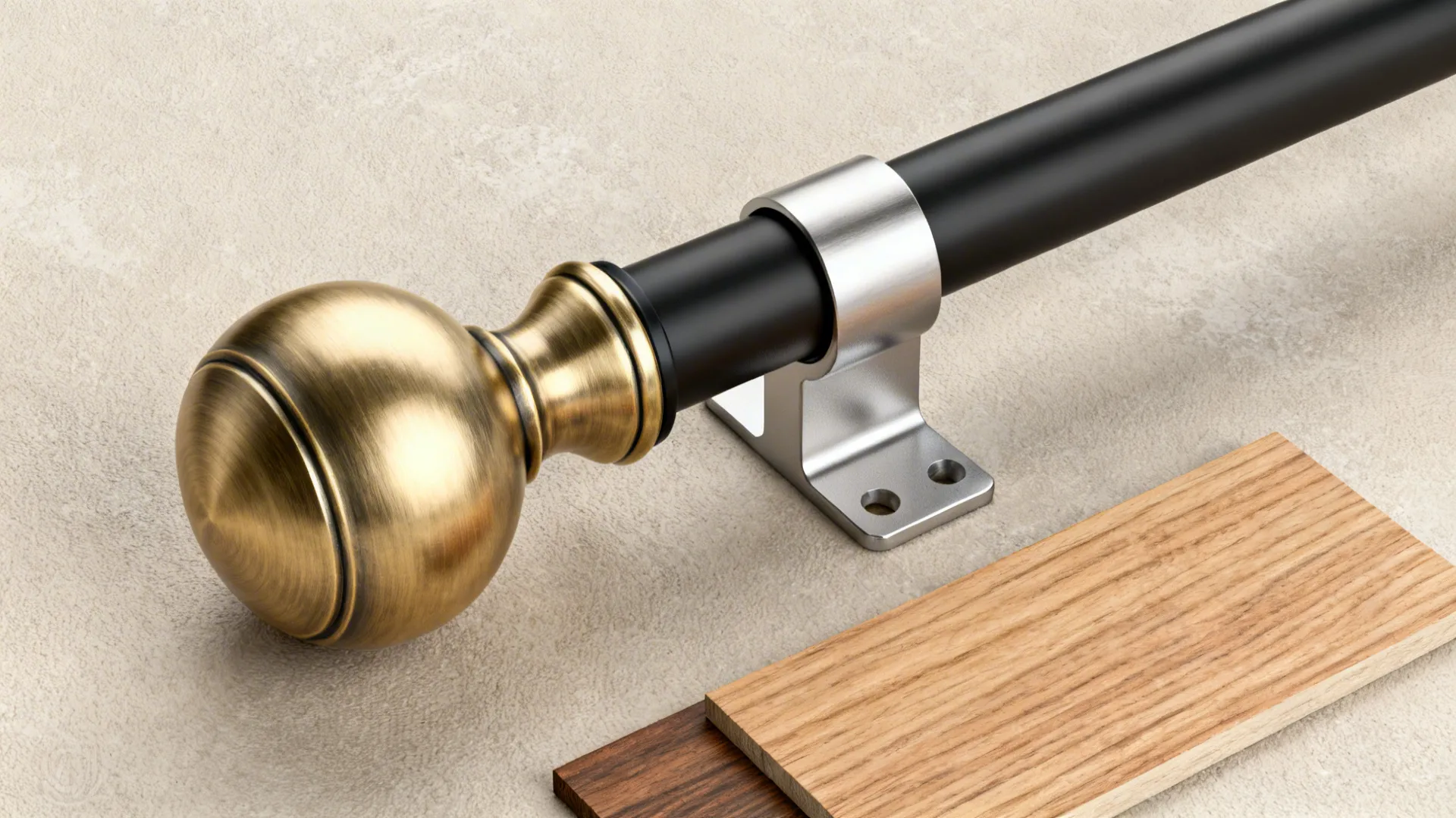 Flatlay of curtain hardware finishes including brushed brass, matte black, and brushed nickel with a wood swatch.