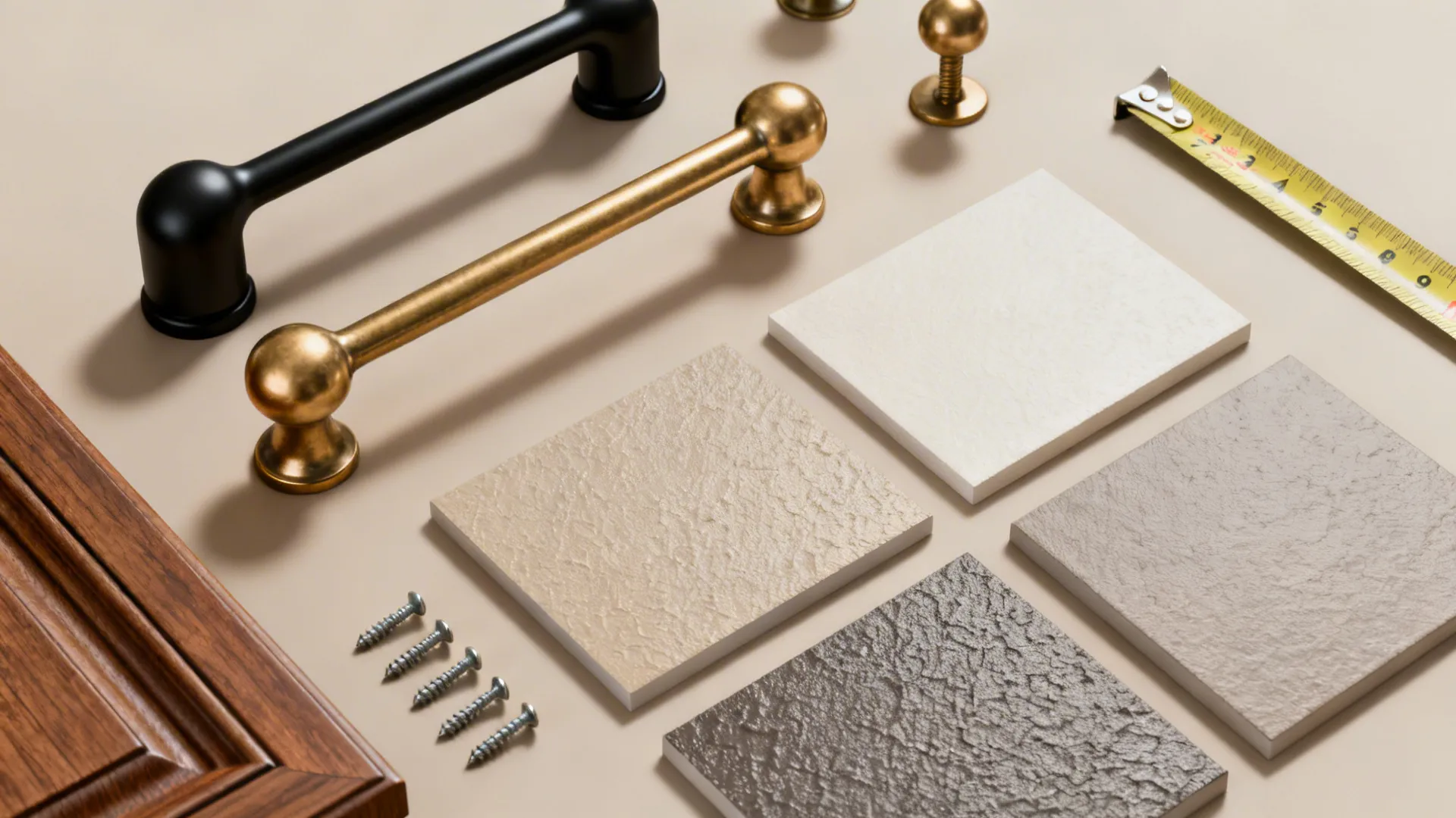 Flatlay showing matte black and brass cabinet hardware options with paint swatches and measuring tape
