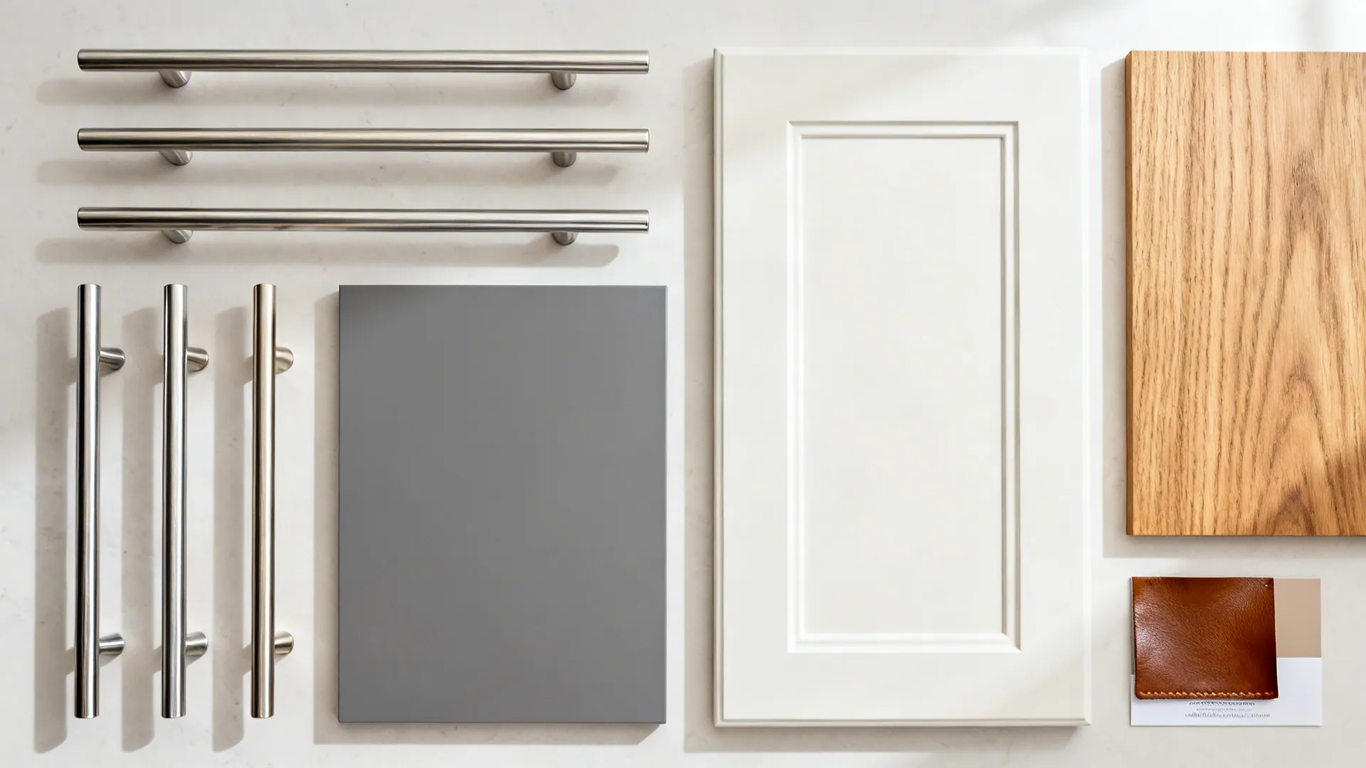 Top-down flatlay of brushed bar pulls with neutral cabinet and wood swatches.