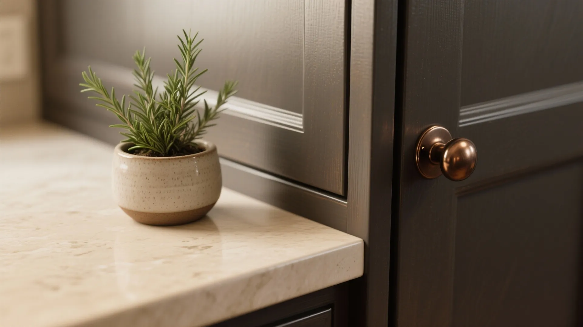 Close up of dark kitchen cabinet with bronze knob and green plant on marble countertop