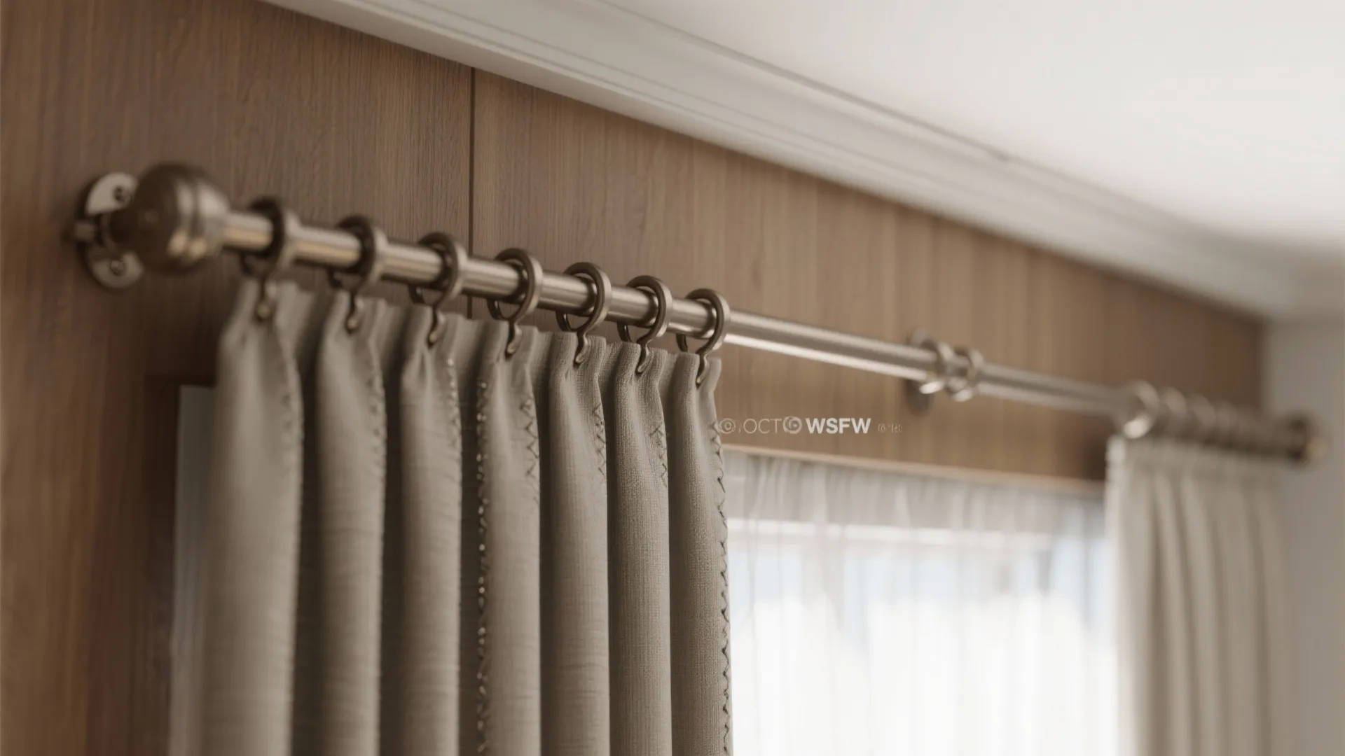 Metal curtain rod with rings holding beige fabric against a dark wood wall in light