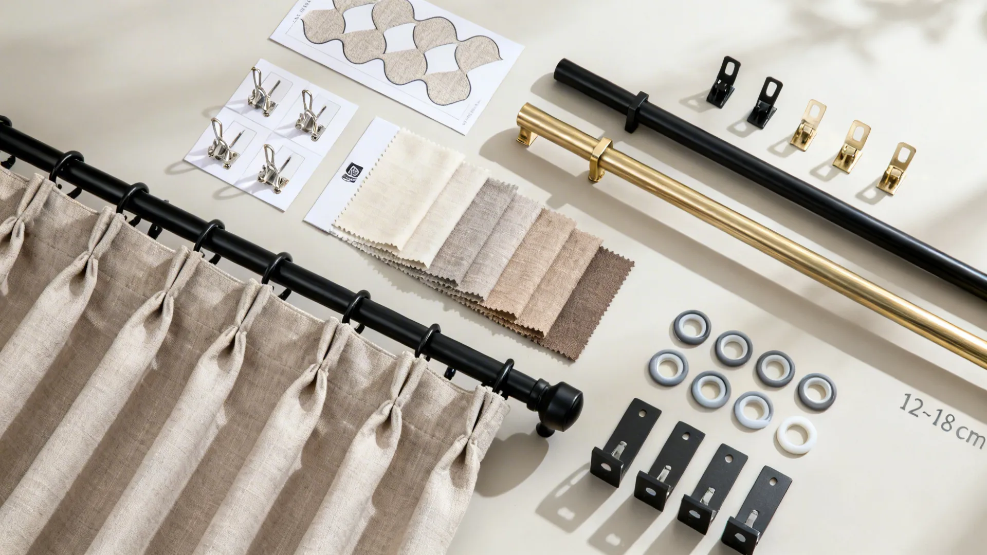 Top-down flat lay of curtain headers, rods, rings, brackets, and neutral fabric swatches.