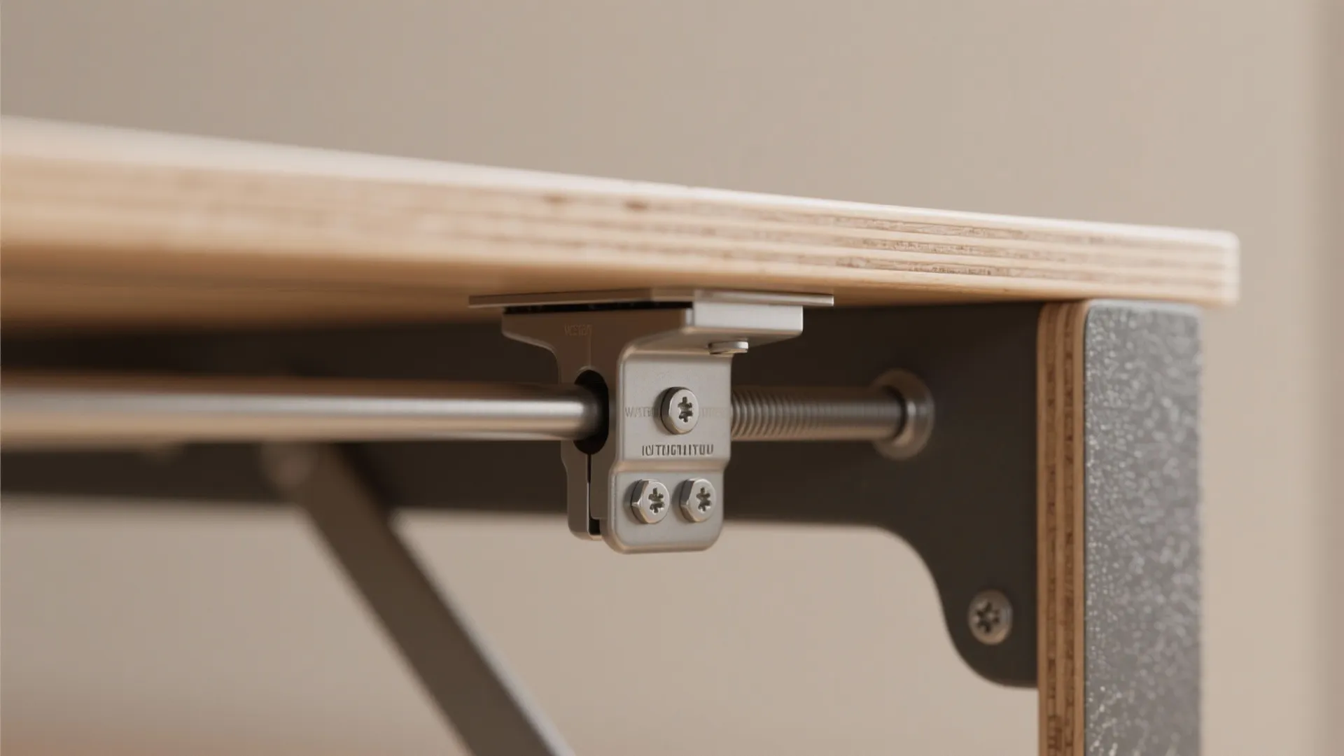 Close up of metal sliding mechanism and screws attached to the underside of wooden table
