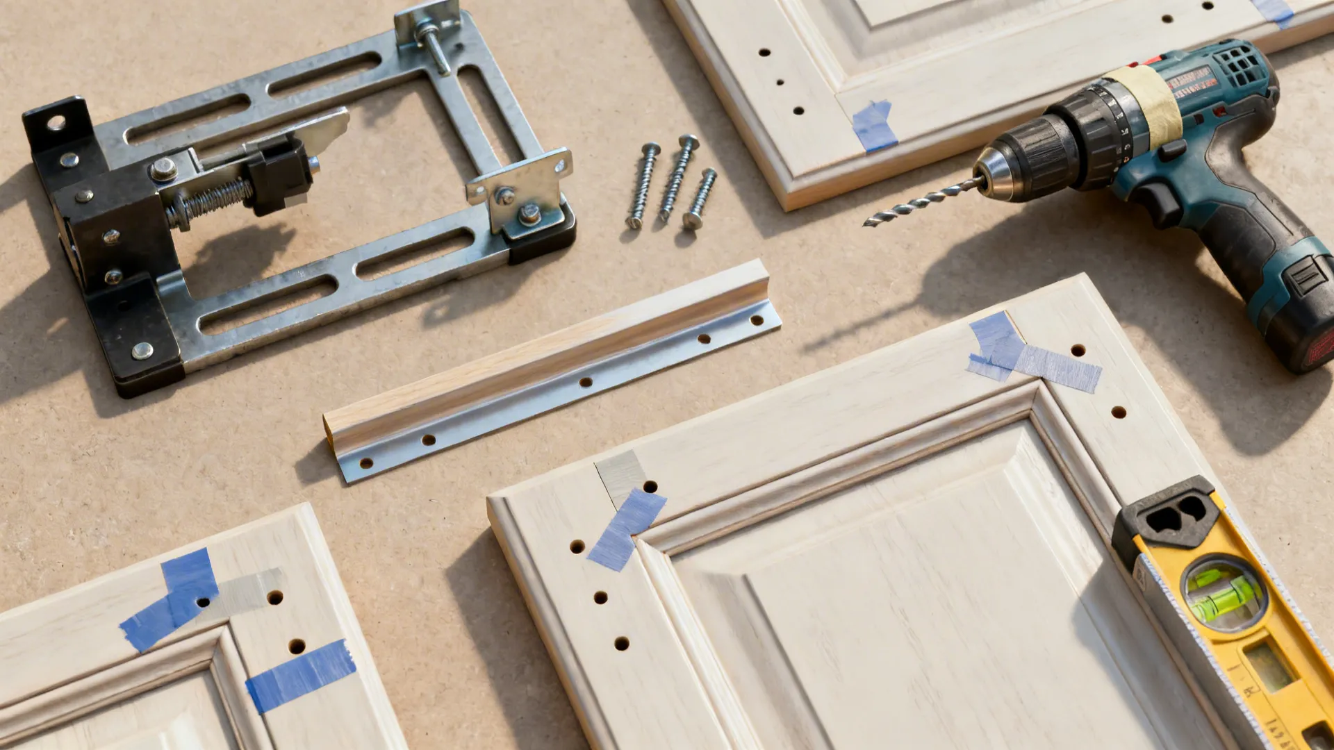 Top-down view of jig, drill, and taped mockups on Shaker fronts for accurate hardware install.