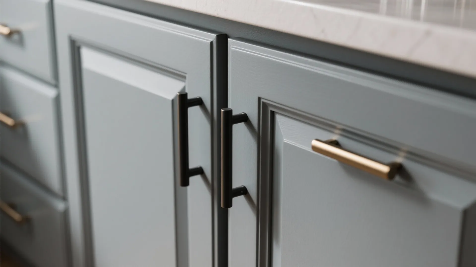 Matte black and brushed brass cabinet hardware with an integrated pull detail