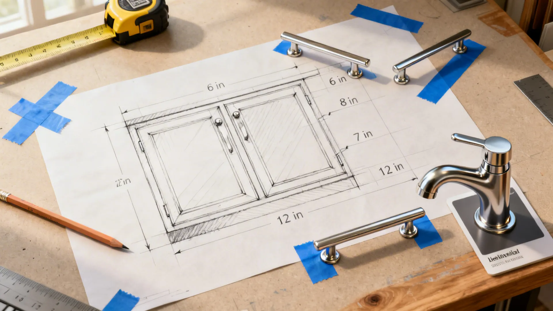 Top-down layout with cabinet sketches, pull lengths, and painter’s tape for placement testing.