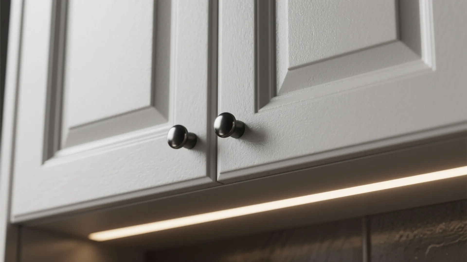 Close up of white cabinet doors with round black handles and warm under cabinet light fixture