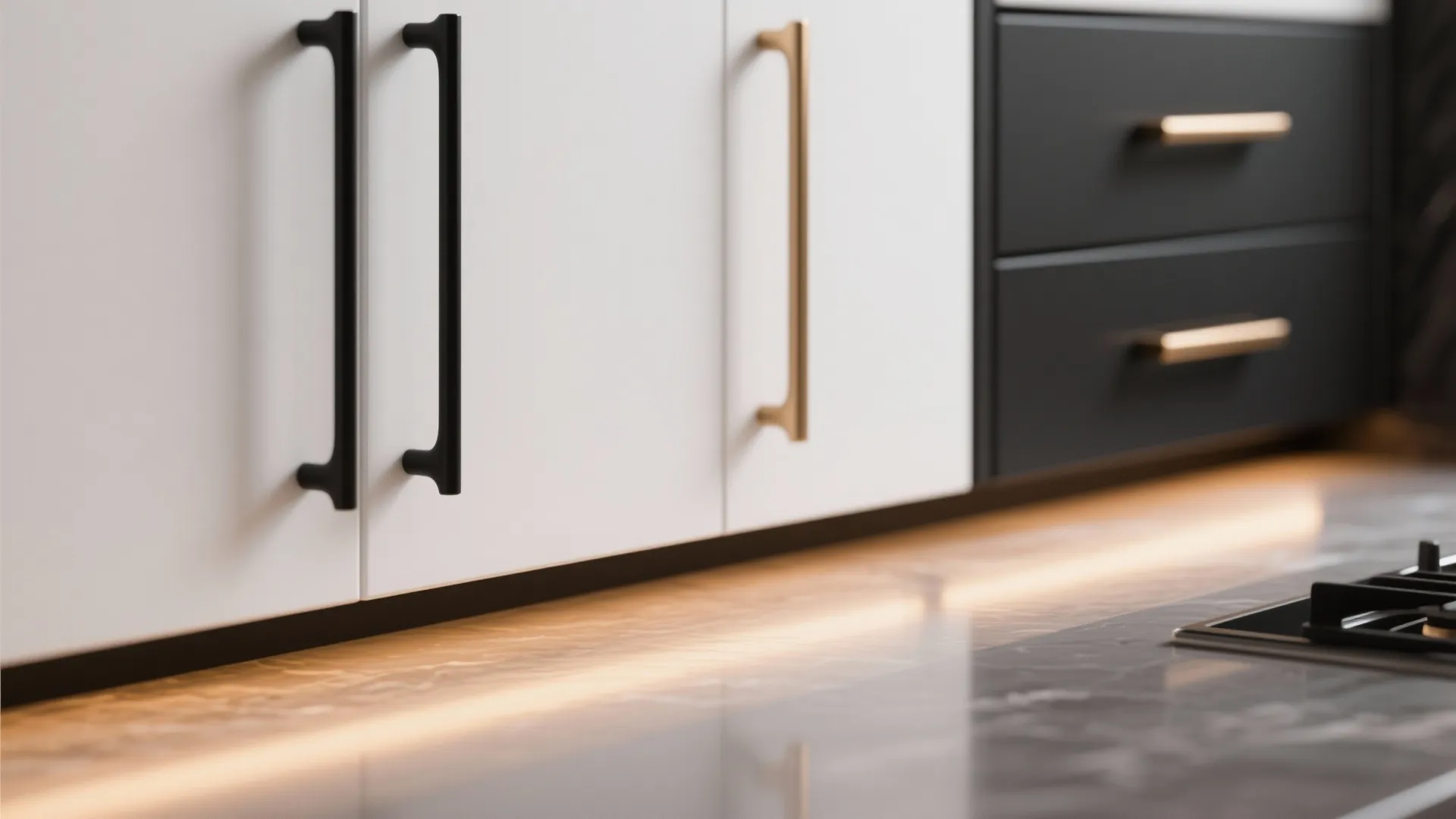 Close up of black and gold cabinet handles on white and dark grey kitchen drawers