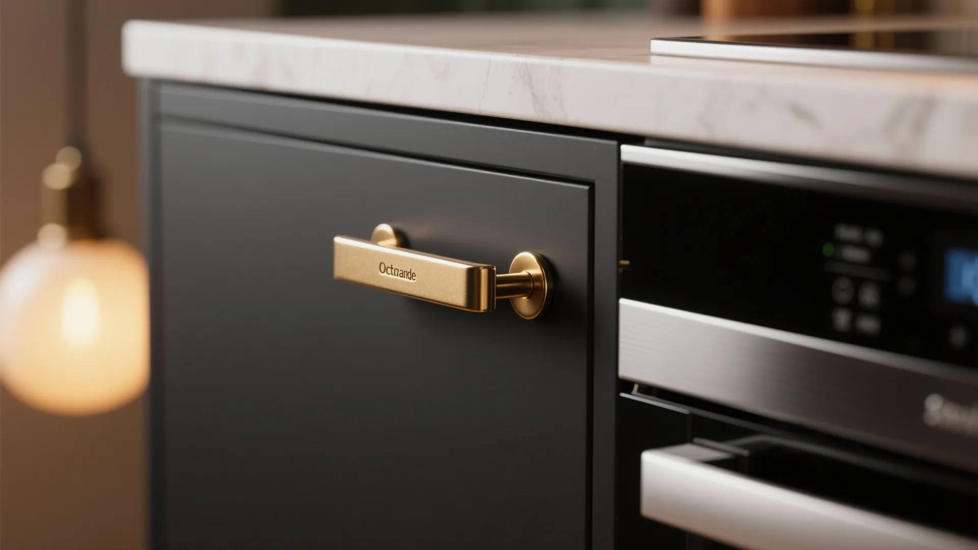 Gold handle on black cabinet door with marble countertop and a warm hanging light bulb
