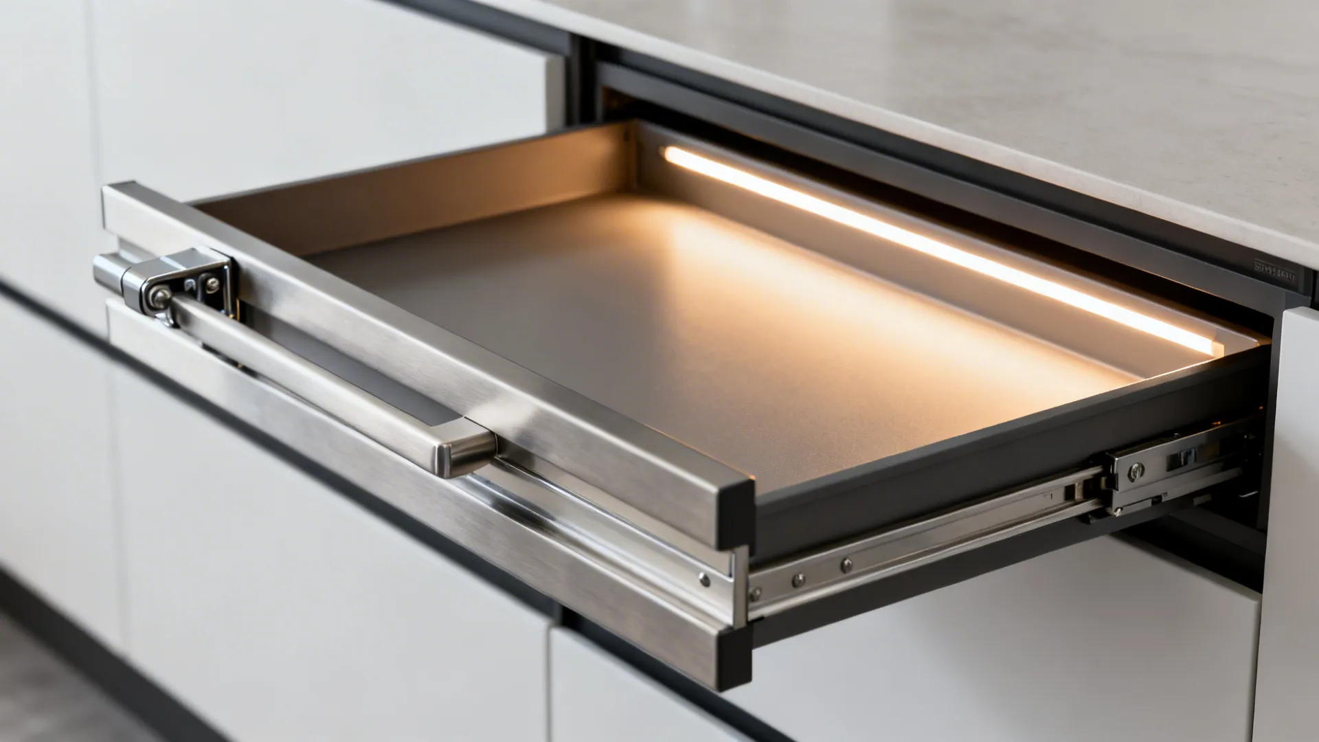 Close-up of a soft-close hinge and drawer with warm under-cabinet LED lighting.
