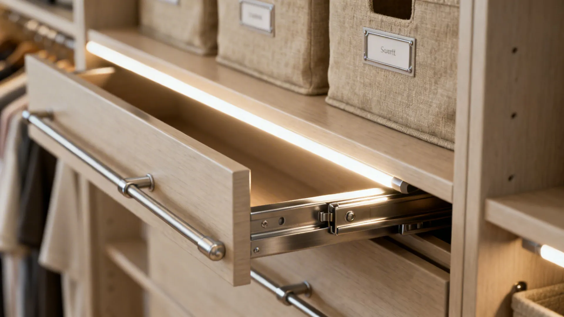 Close-up of durable closet hardware and high-CRI LED strip lighting highlighting quality finishes