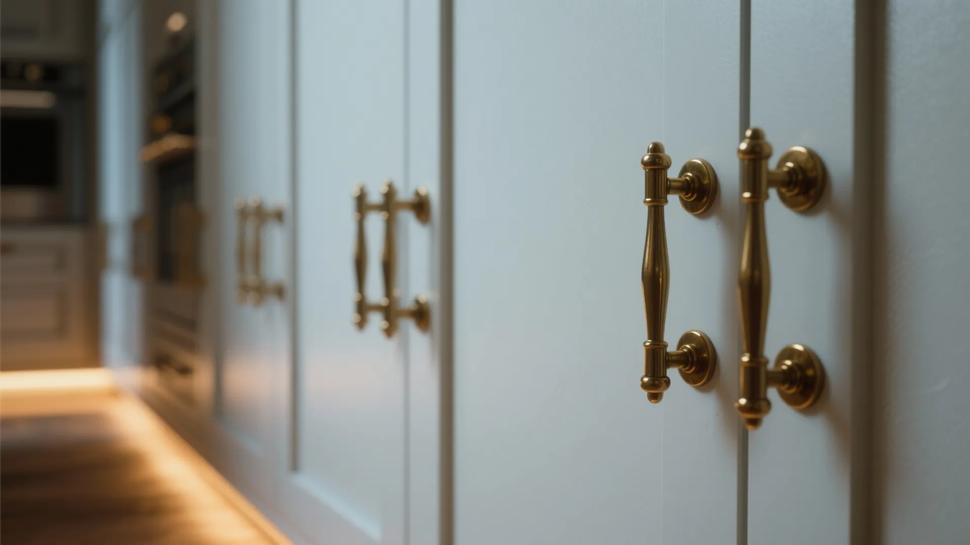 Close up of gold metal handles on white kitchen cabinet doors with warm under cabinet lighting