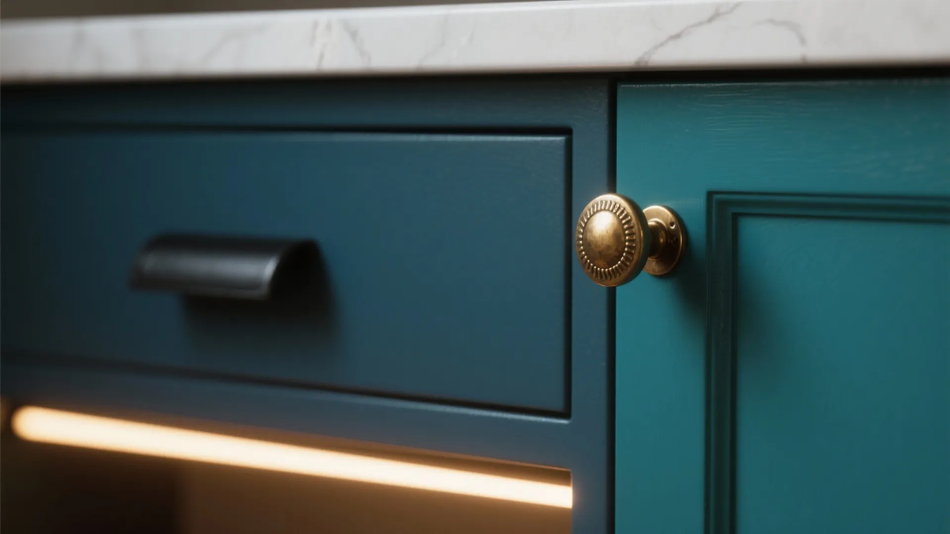 Close up of teal blue kitchen cabinets with gold round knob and black handle hardware