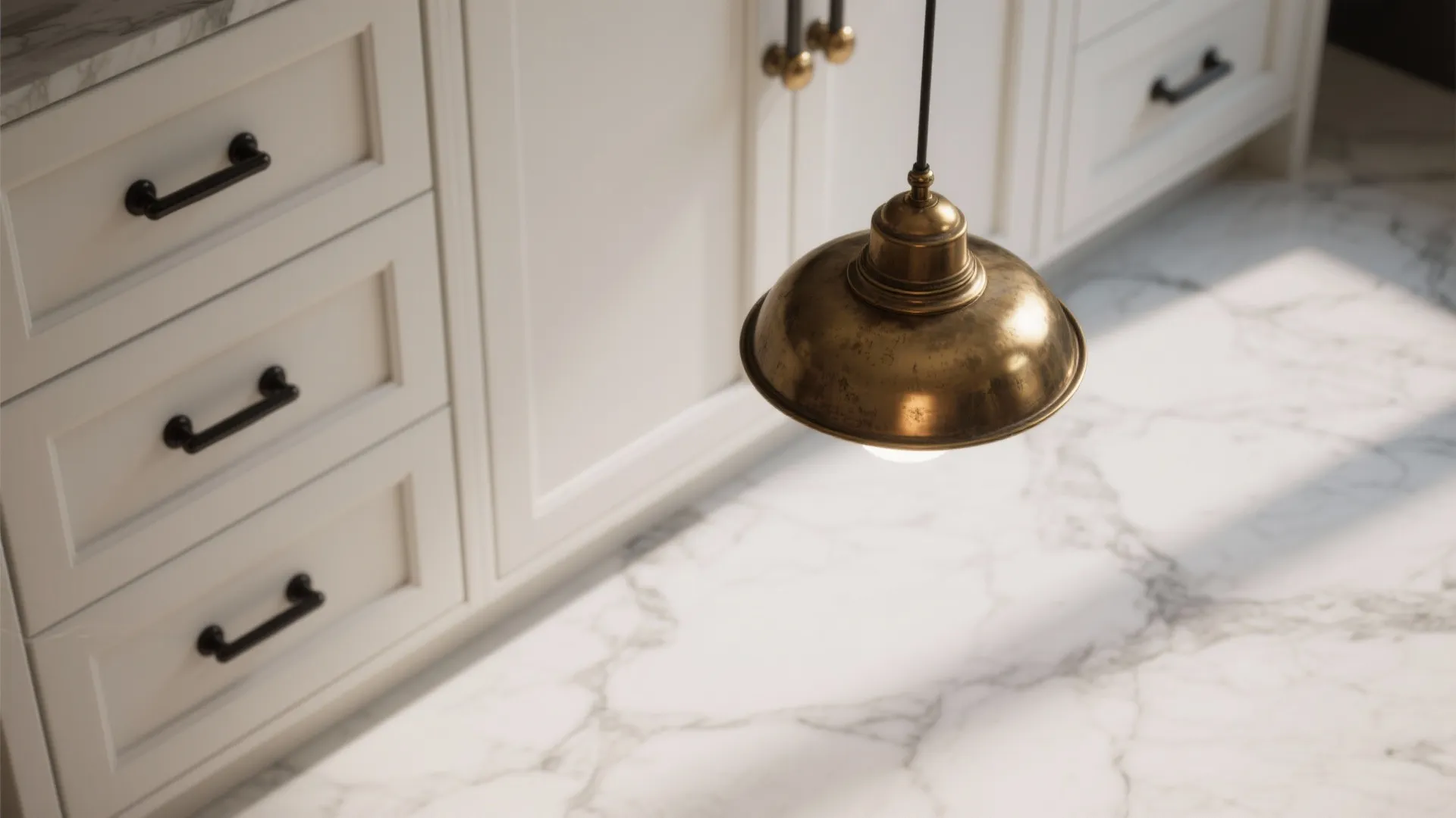 Close up of a bronze ceiling light hanging over white cabinets with marble stone counter top