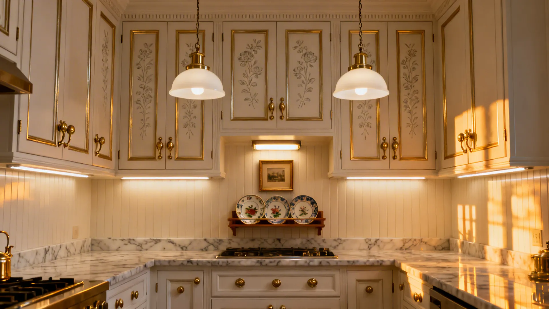 Classical kitchen highlighting brass cup pulls, knobs, and schoolhouse pendants with layered lighting.