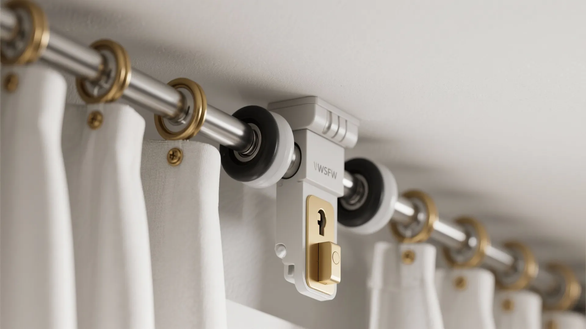 Close up shot of a smart motorized curtain track system with white fabric and metal rings