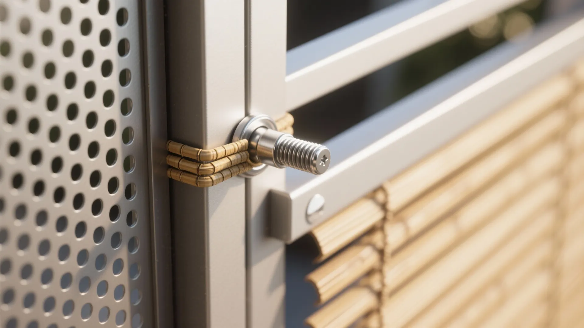 Close up view of metal screw hardware connecting a privacy screen with bamboo window blinds