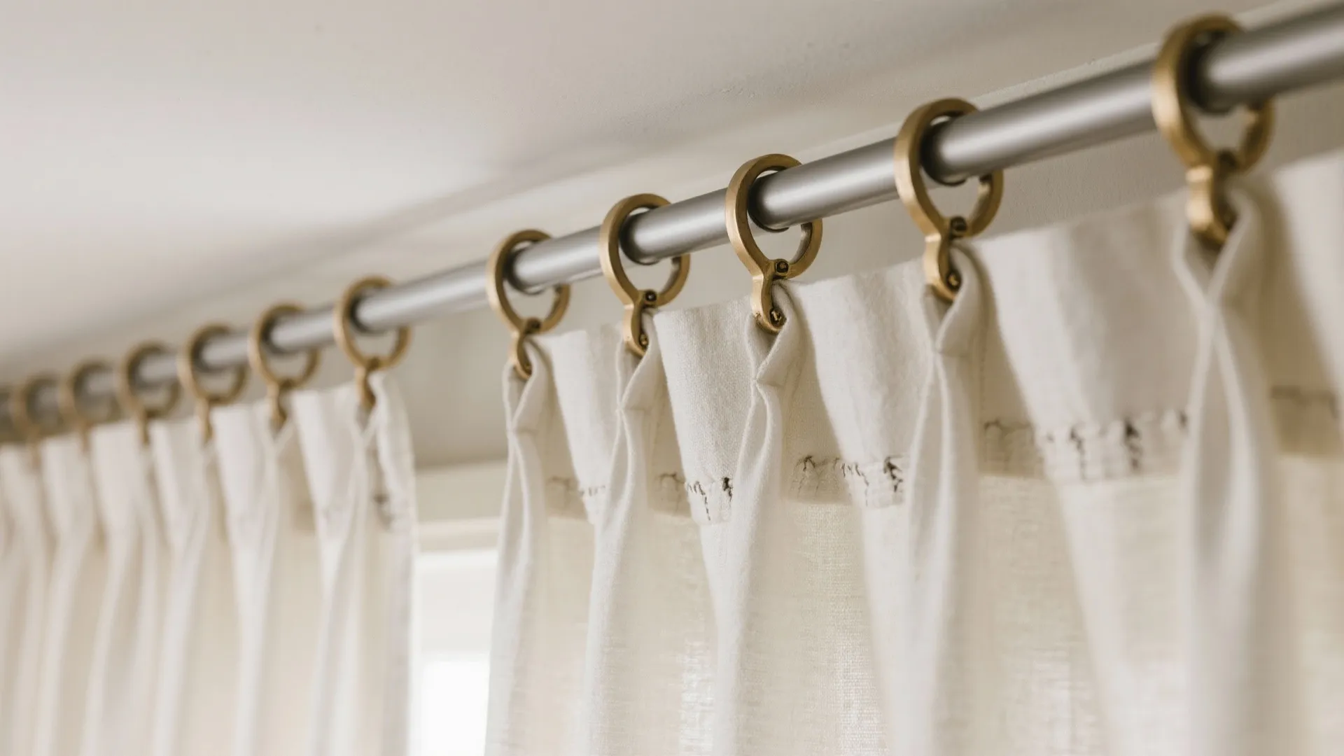 Macro of tailored curtain headings on moisture-rated hardware: ripple fold on a track, small pinch pleats, and a grommet panel.
