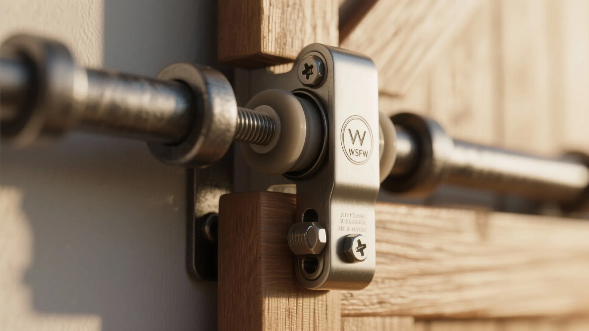 Close up view of metal sliding door hardware mounted on a light colored wooden frame