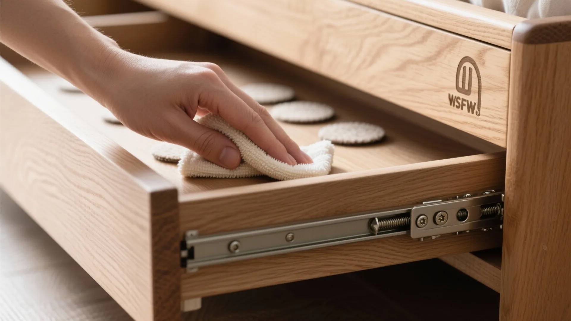 Hand wiping inside of a light wood drawer showing metal slides and round felt pads