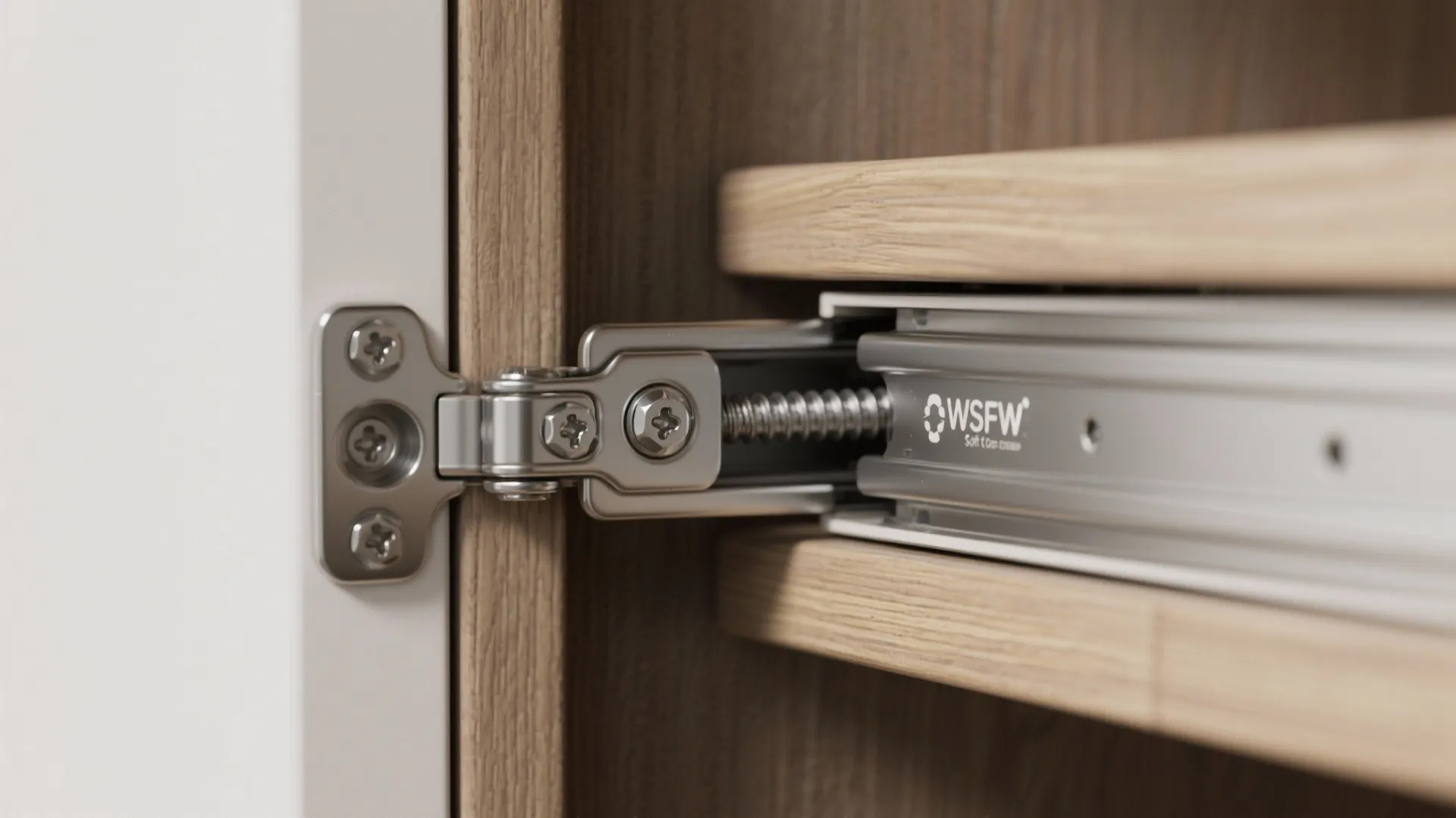 Close-up of a metal drawer slide and hinge hardware installed on a wooden cabinet frame