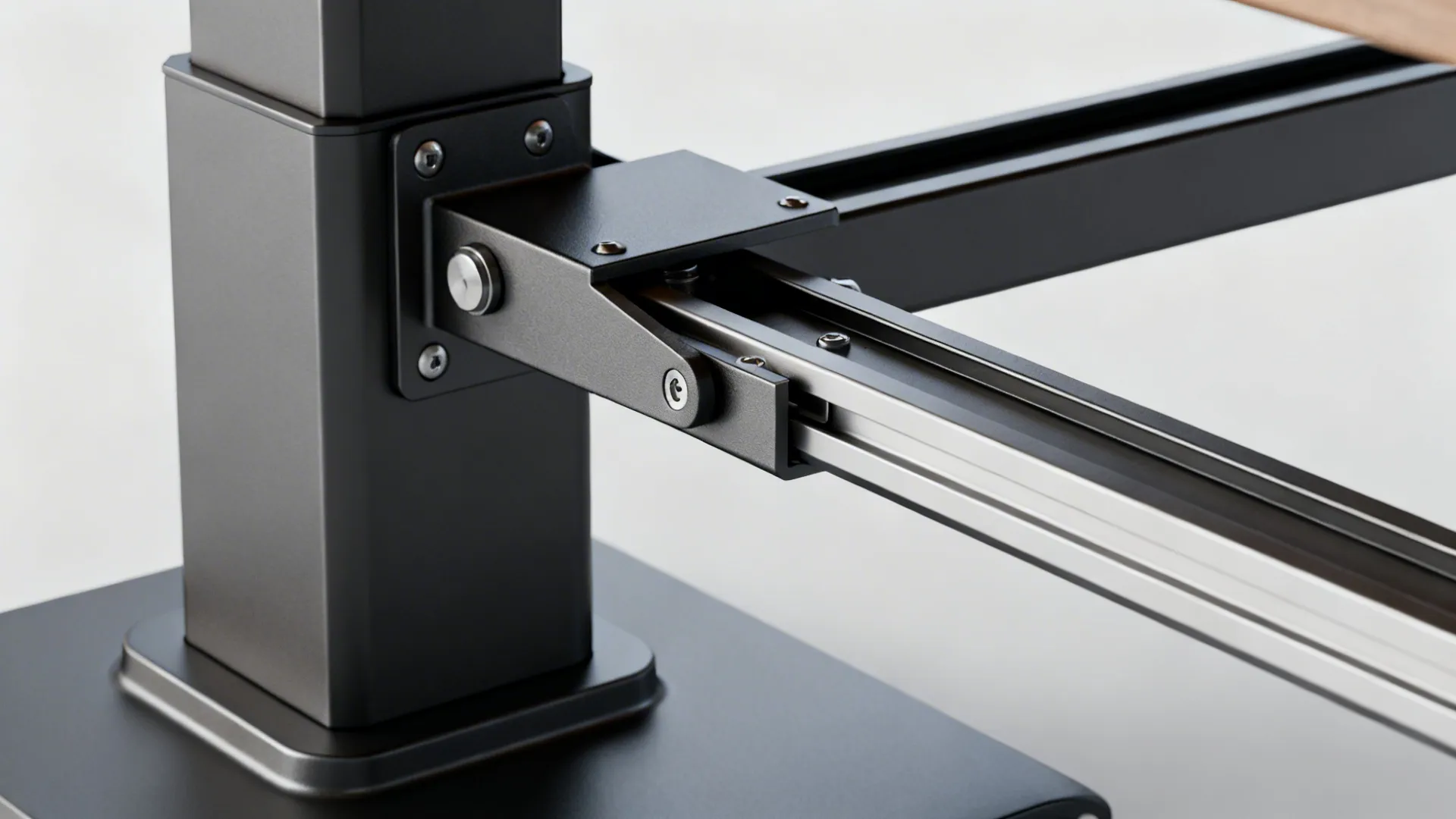 Macro close-up of durable table hardware: weighted base, reinforced bracket and extension runner