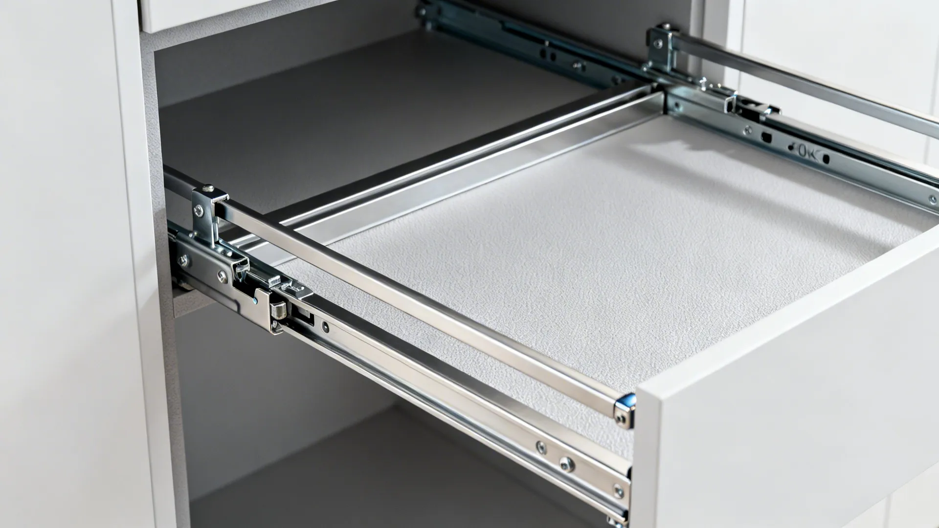 Macro of heavy-duty drawer slides and pull-out frame inside a tall cabinet.