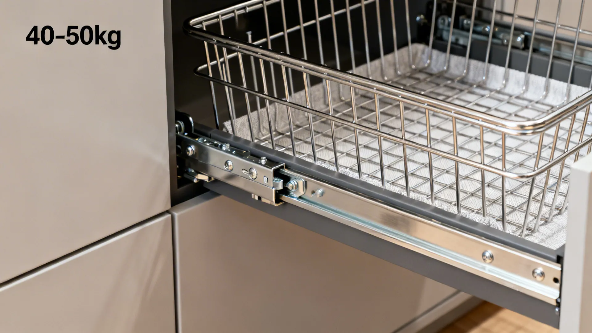 Macro of pantry pull-out hardware and soft-close drawer runner in brushed metal.