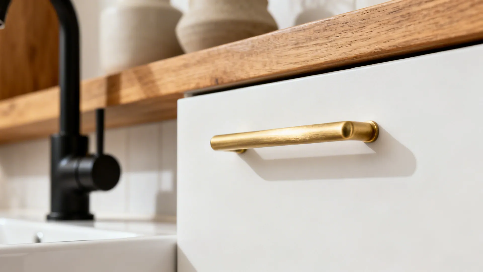 Macro of a brushed brass pull on a matte white drawer with a soft black faucet nearby.