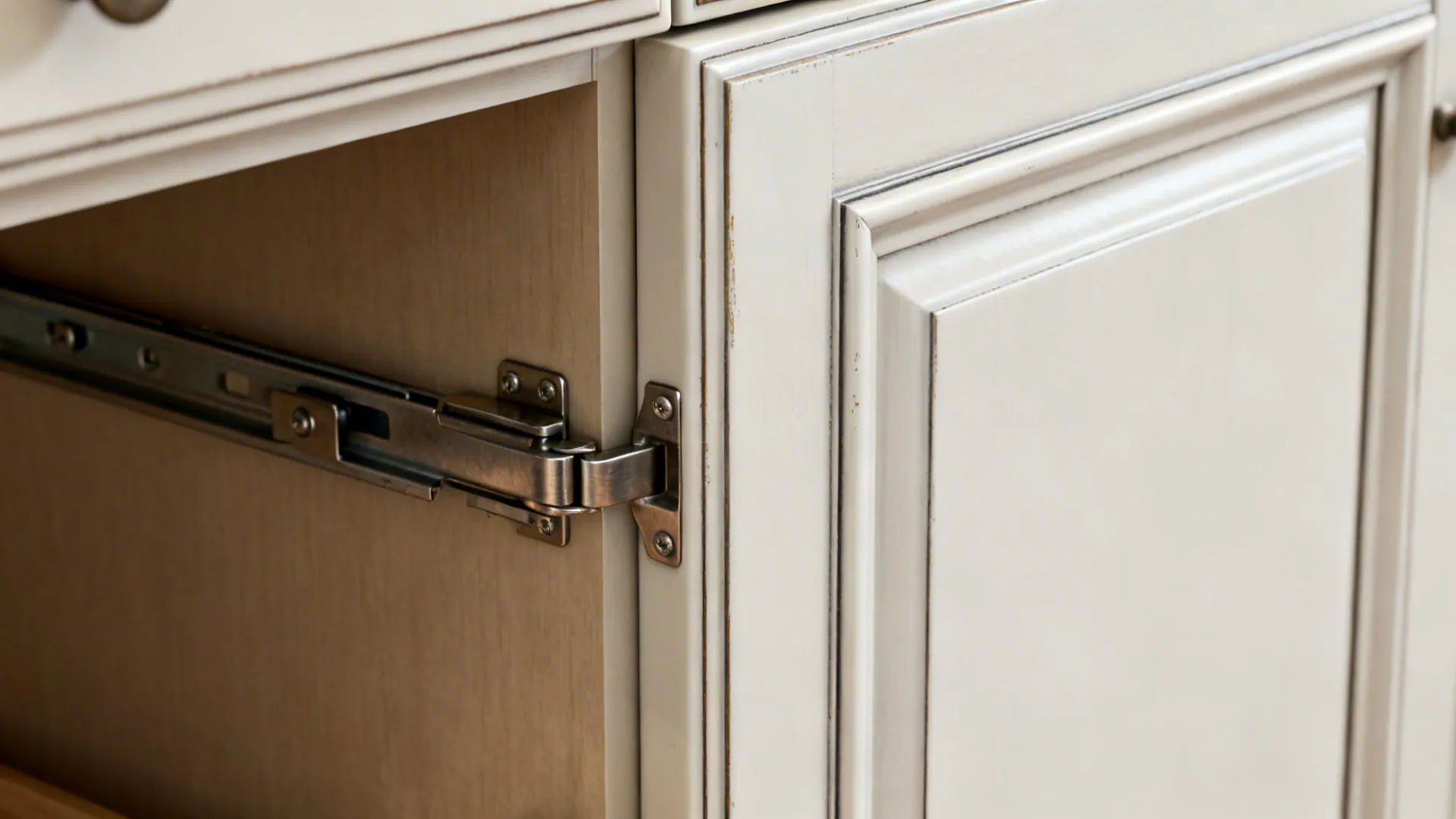 Macro of a soft-close hinge and drawer slide on satin white cabinetry with brushed metal finish.