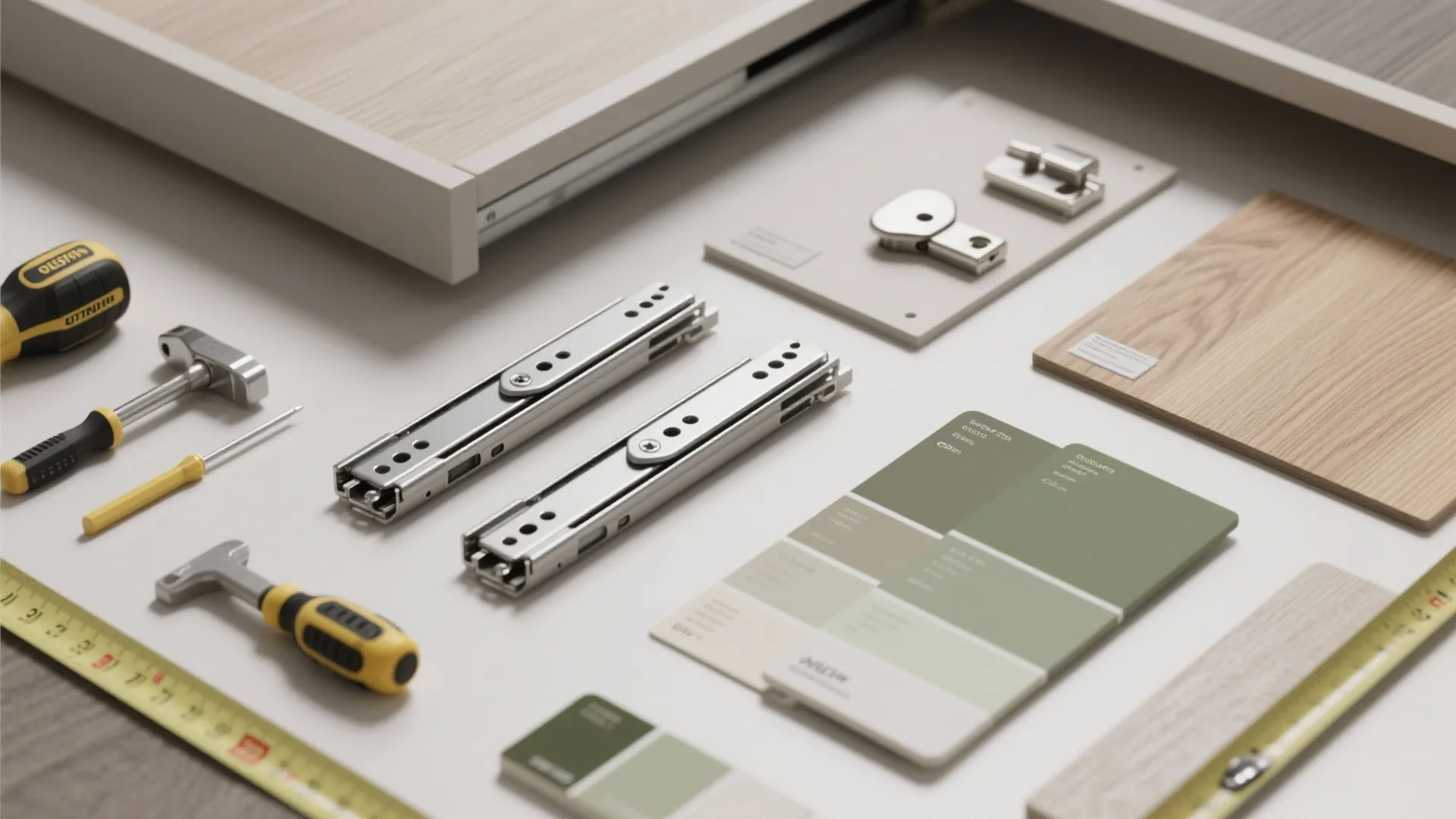 Flatlay of drawer slides, soft-close hinges and material swatches for kitchen planning