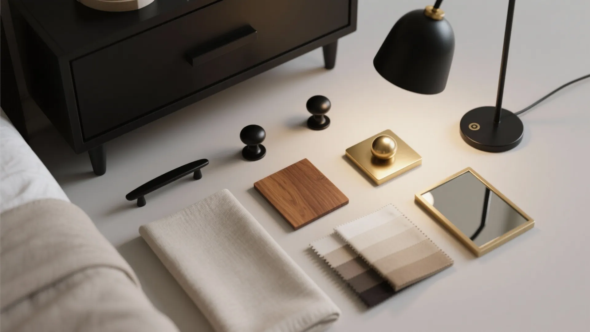 Hardware and material samples collection featuring black handles wood tiles fabric swatches and desk light