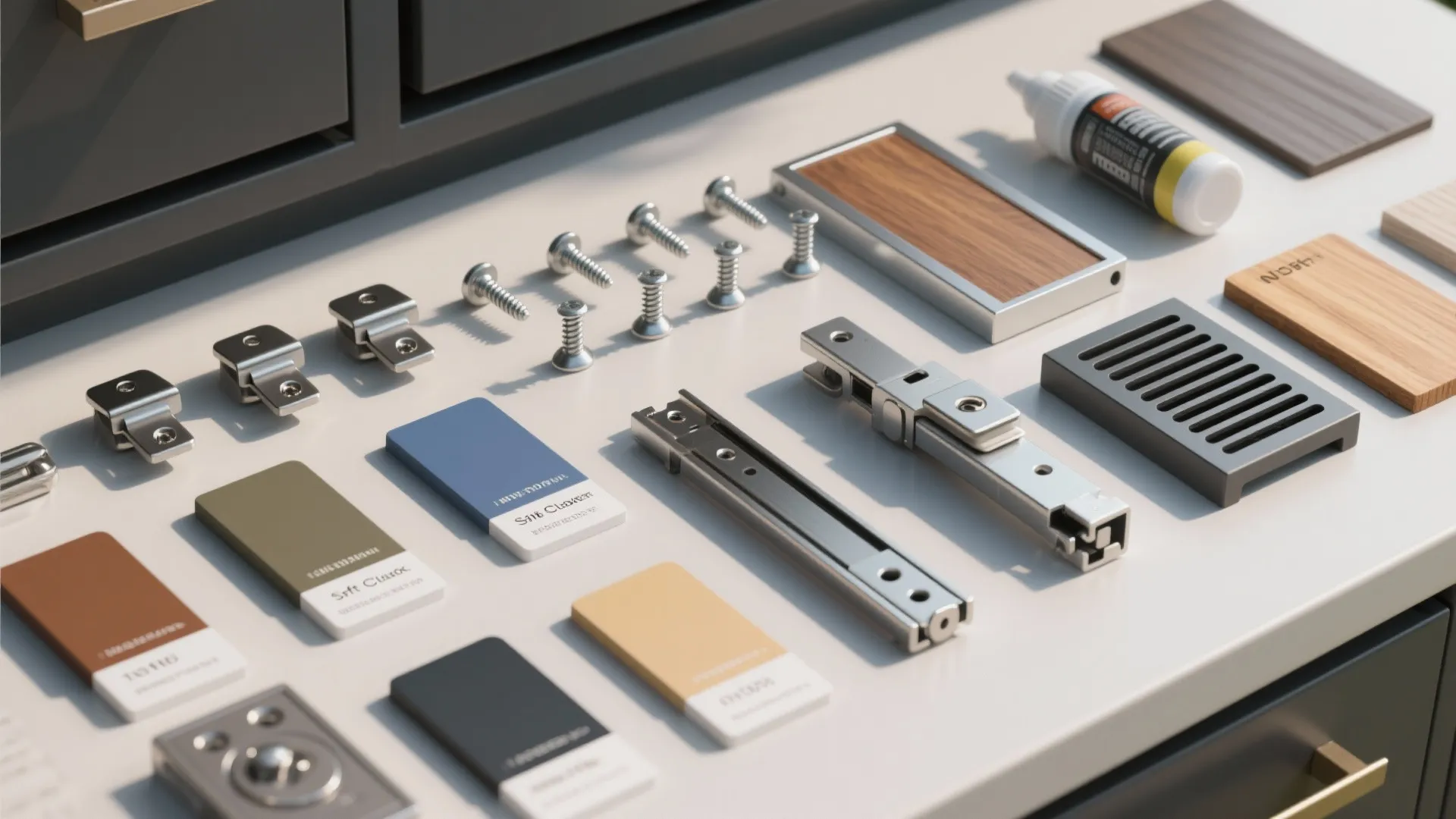 Flatlay of outdoor-grade hardware and material swatches including 316 stainless hinges, powder-coat chips, and teak sample