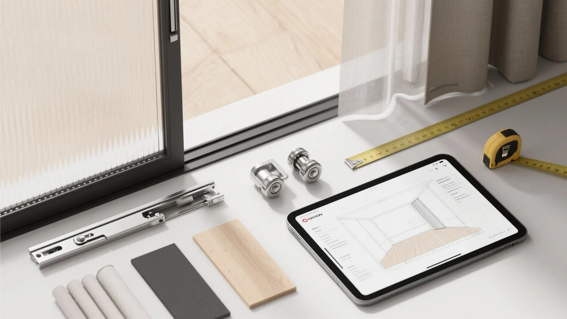 Flatlay of sliding door hardware, fabric swatches, and a tablet with a room planner mockup illustrating measurement and planning.