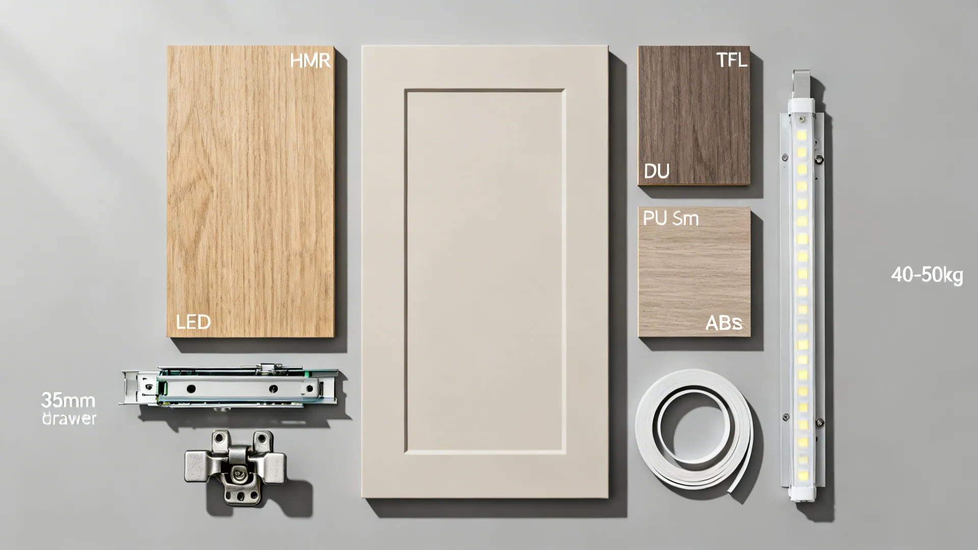 Flat lay of HMR board, laminate, PU door sample, hinges, drawer slide, LED strip, and edging.