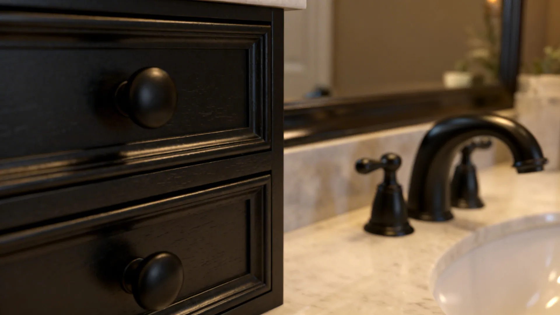 Matte-black faucet and knobs on a vanity showing coordinated hardware finishes.