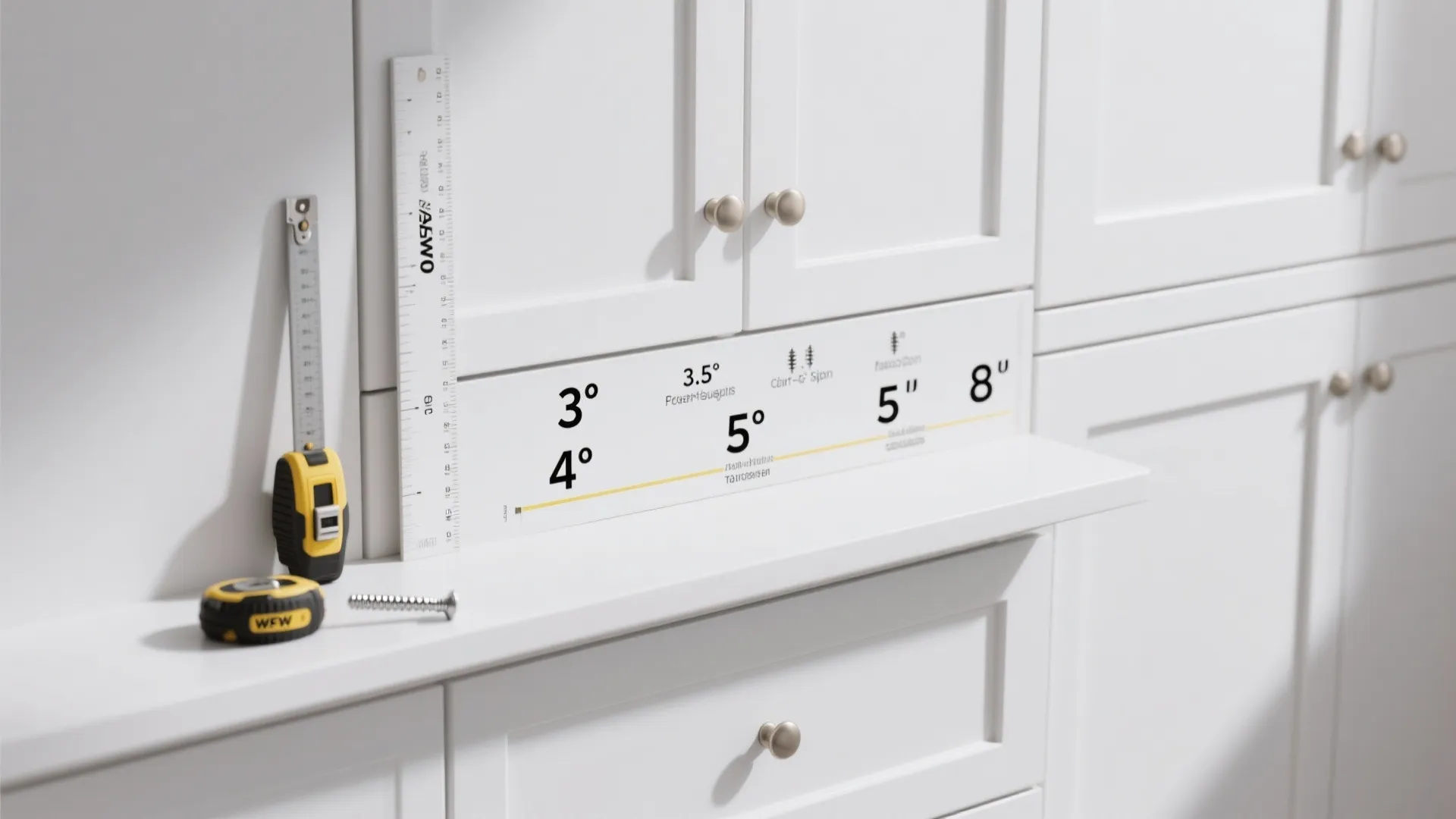 Measuring tool and tape sitting on white cabinet shelf showing different hole sizes and distance