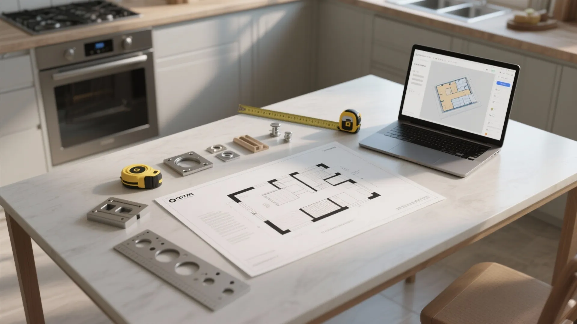 Top-down layout mockup with measuring tape, hole template, hardware samples, and 3D planner on laptop