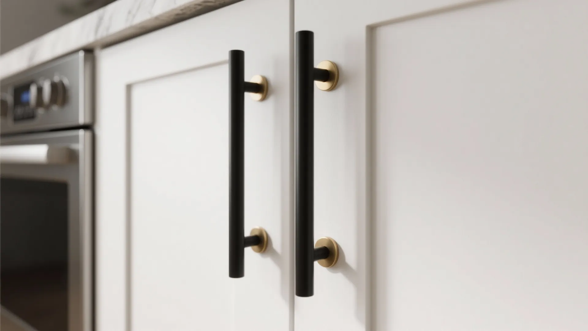 Close up of black and gold metal handles on white kitchen cabinet doors with oven