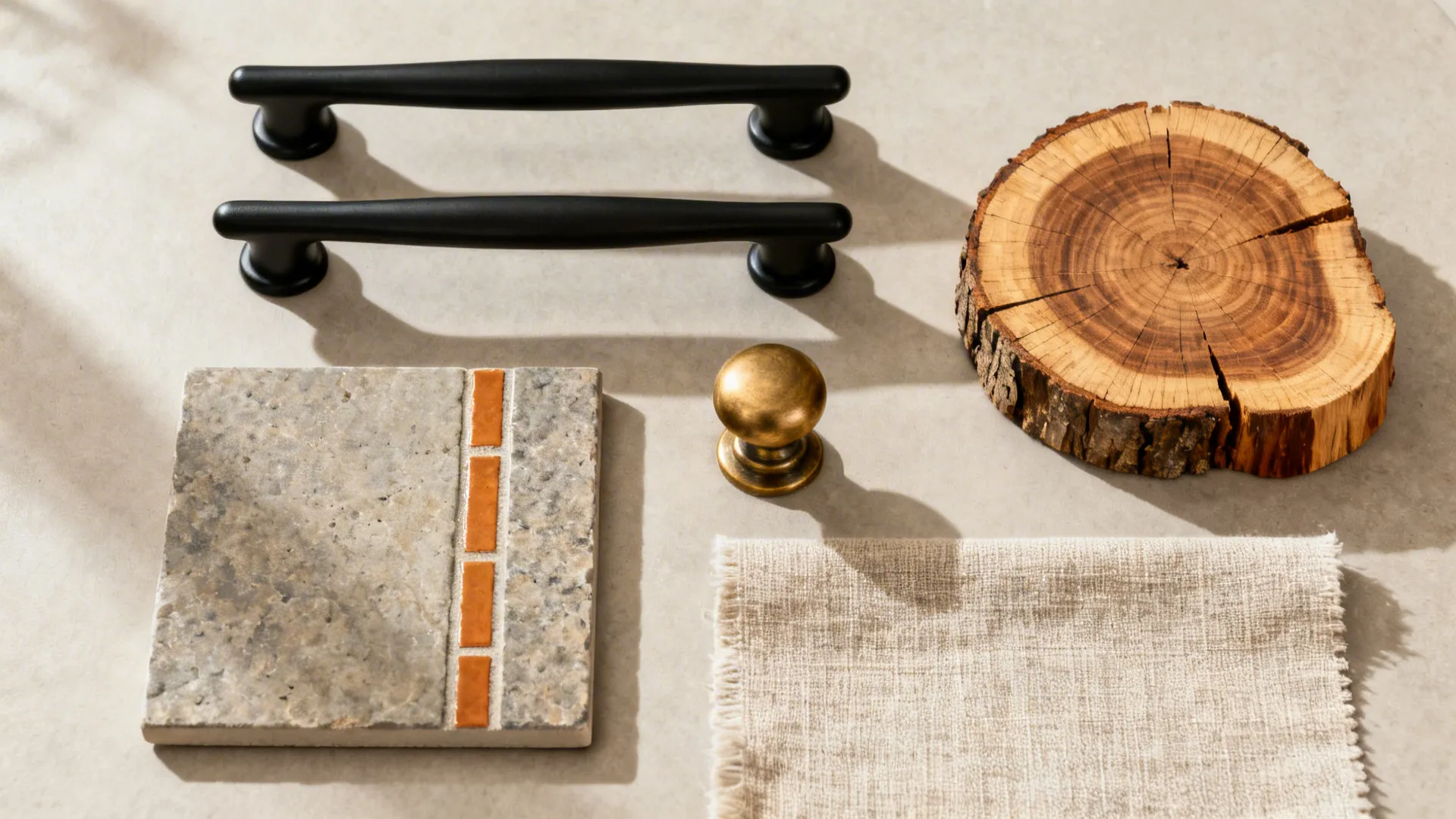 Top-down flat lay of matte black pulls, warm brass knobs, wood samples, and stone-look tile.