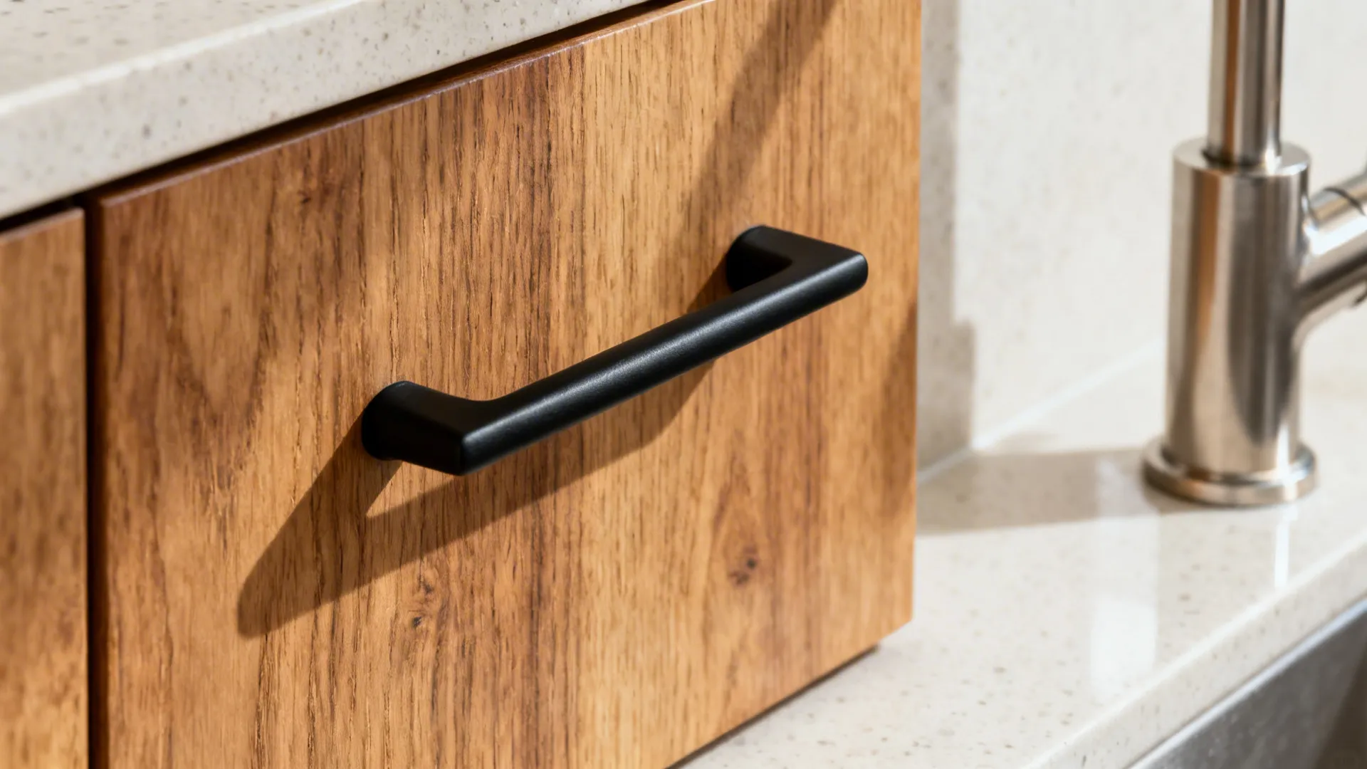 Macro of a matte black cabinet pull and brushed nickel faucet against pale quartz and rift oak grain.