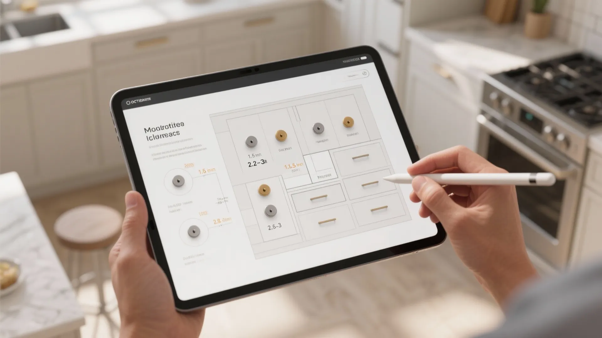 Person using a tablet and stylus to design kitchen cabinet door handles and round drawer knobs