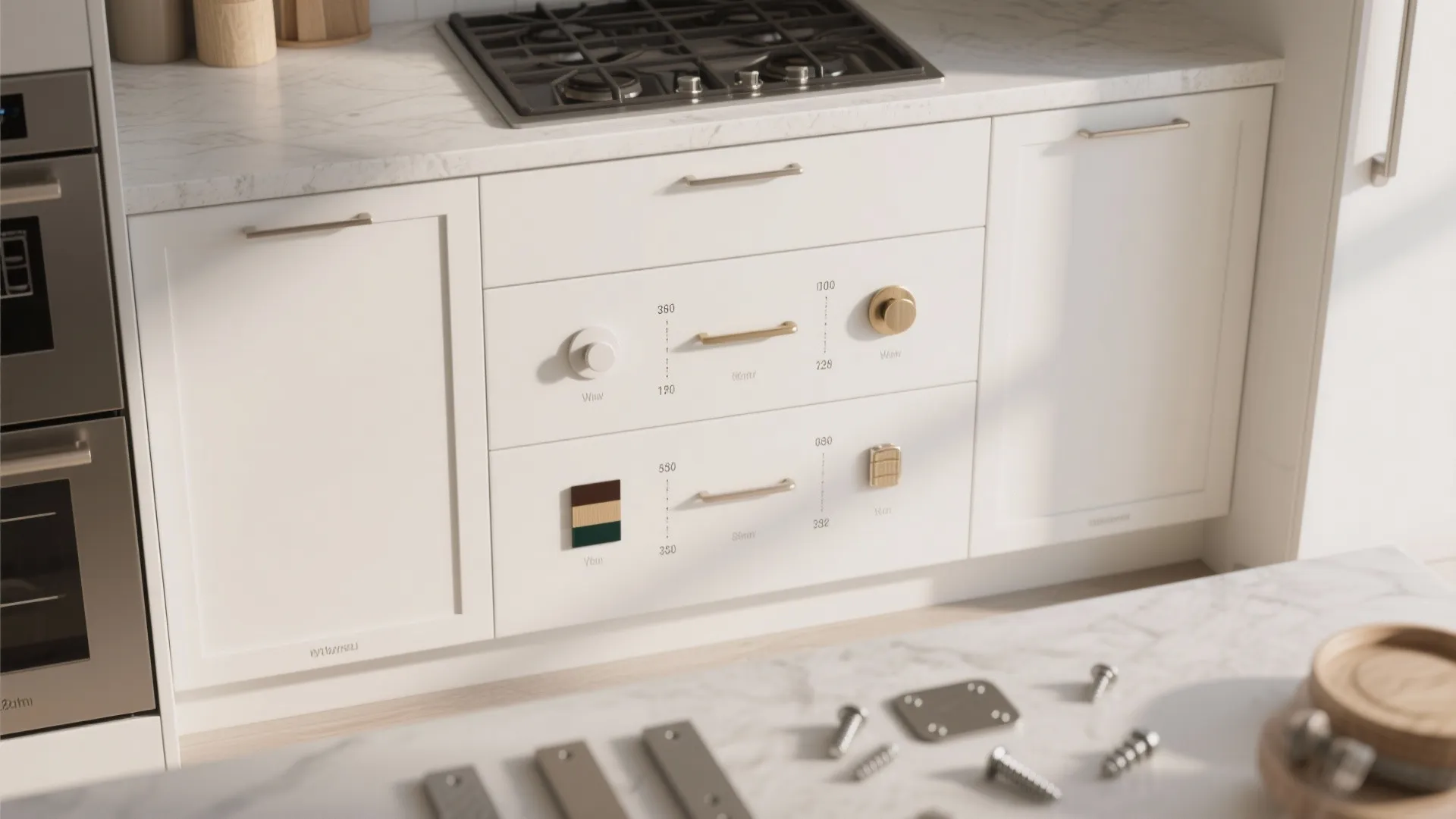 White kitchen cabinet unit showing various gold door handles and knobs with a marble countertop