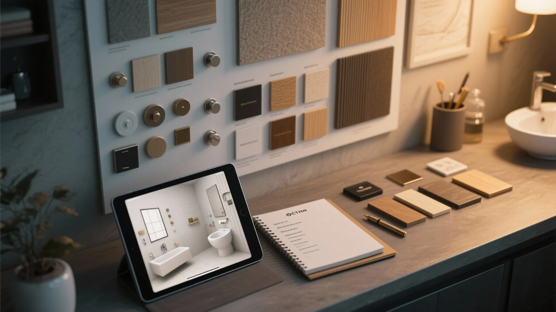 Moodboard with finish samples, hardware swatches, and a tablet showing a 3D render